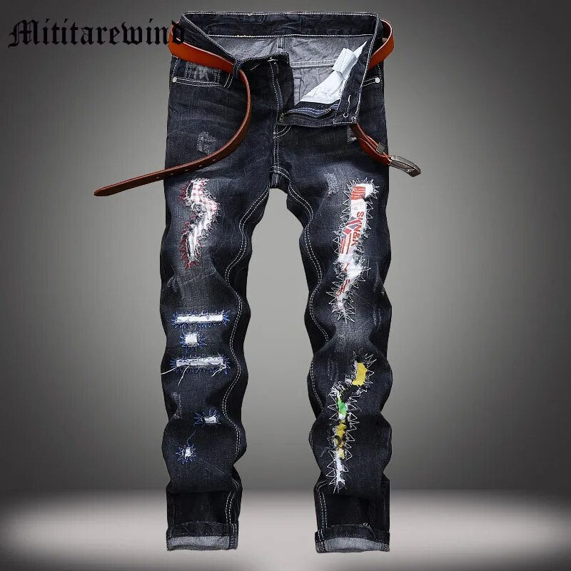 Spring And Summer Men's Jeans Straight Distressrd Wash Retro High Street Pants Vintage Casual Patchwork Blue Male Hip Hop Y2k